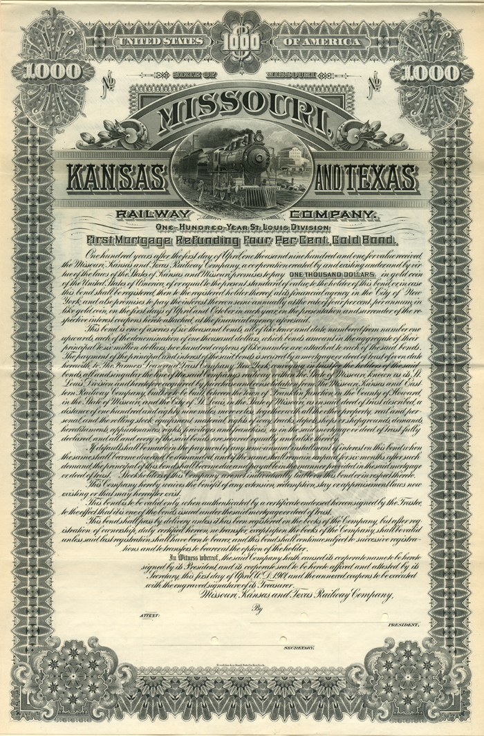 Missouri, Kansas and Texas Railway Co. - "The Katy" - 1901 dated Specimen Railroad Bond